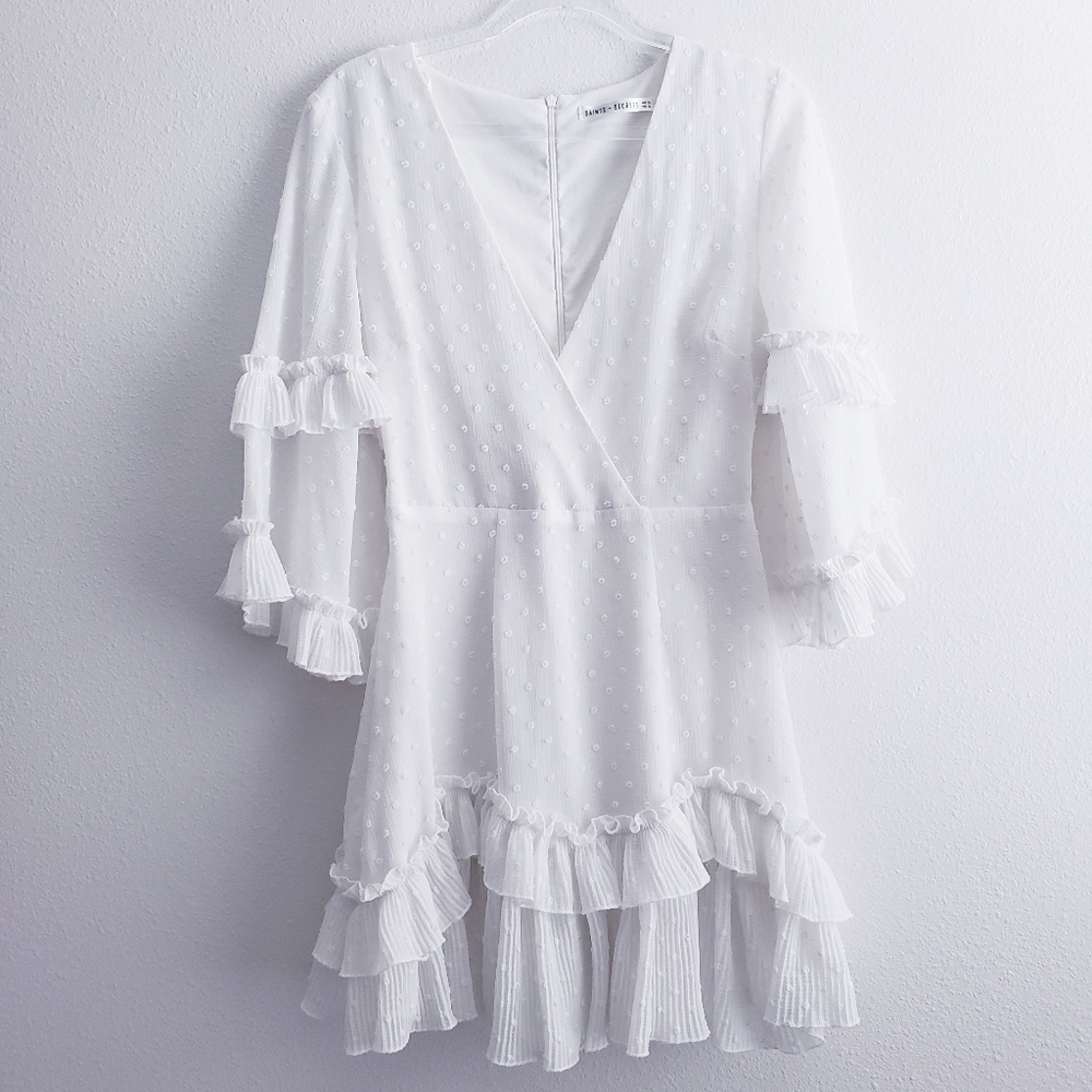 Saints + Secrets Swiss Dot Ruffle Belle Sleeve Mini Dress